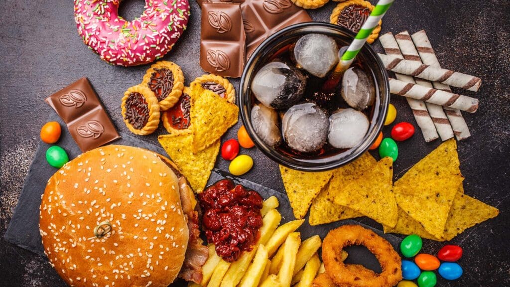 A variety of ultra-processed foods, including sugary snacks, fast food, and packaged goods, linked to neural inflammation and mental health issues.