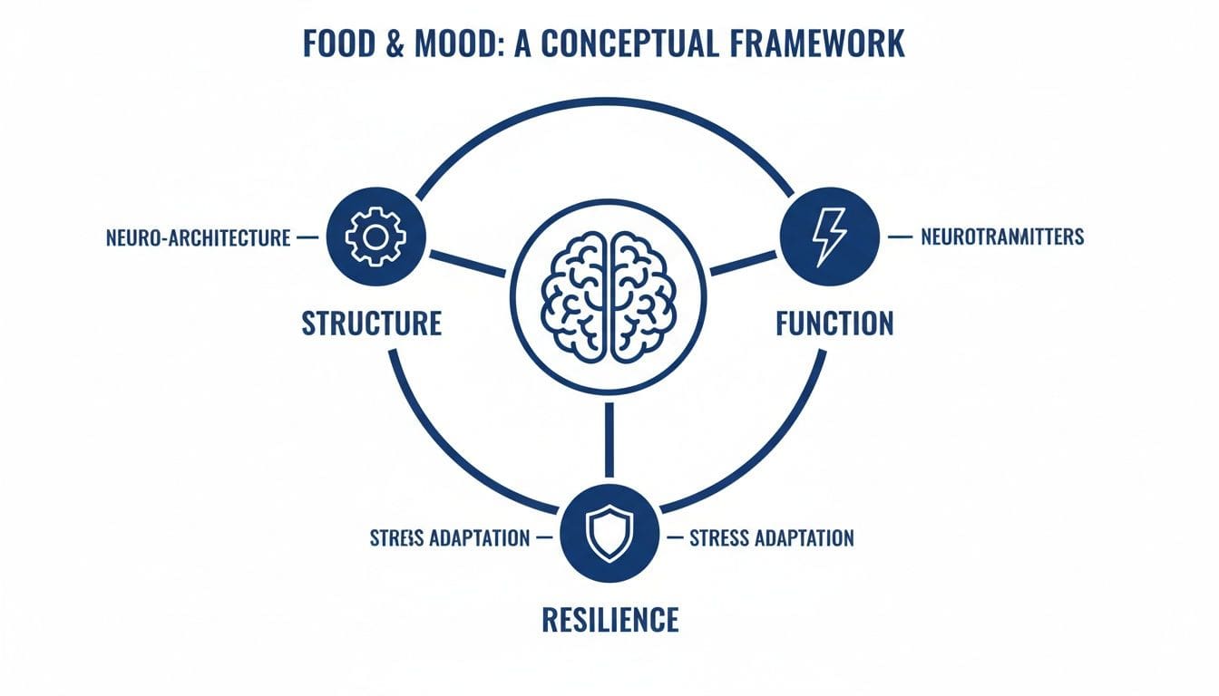 Conceptual framework illustrating food and mood's impact on brain structure, function, and resilience.