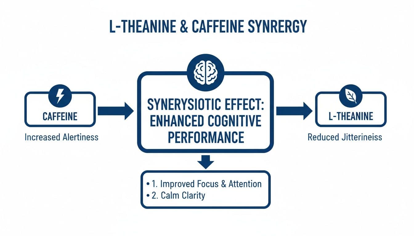 Diagram showing L-Theanine and Caffeine synergy for enhanced cognitive performance, leading to improved focus and calm clarity.