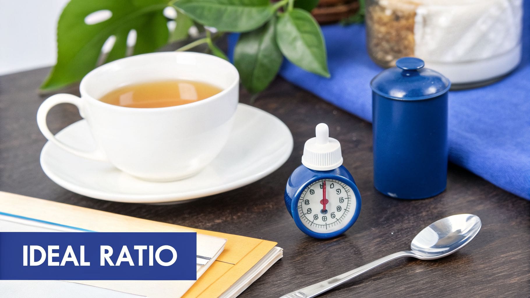 A cup of tea, a blue timer, and a spoon on a wooden table with 'Ideal Ratio' text.