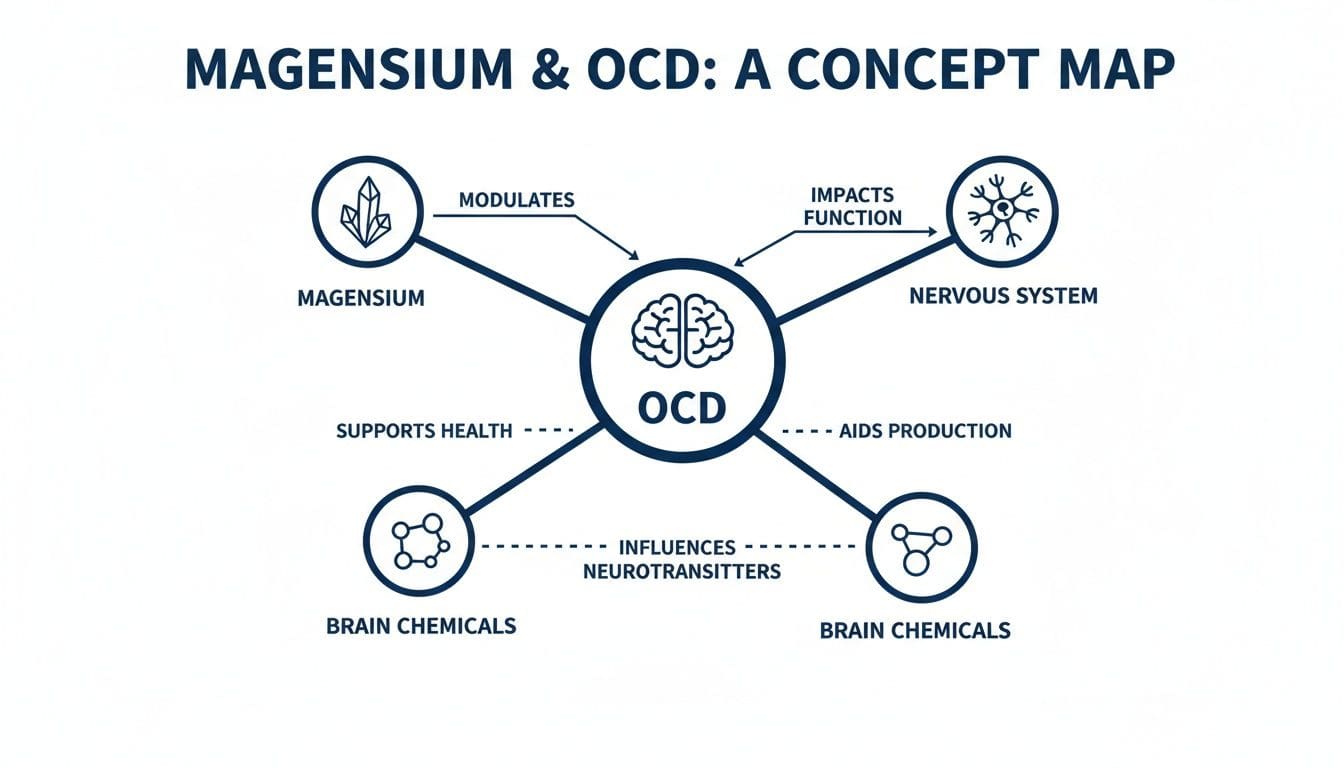 A concept map illustrating Magnesium's relationship with OCD, showing its impact on the nervous system and brain chemicals.