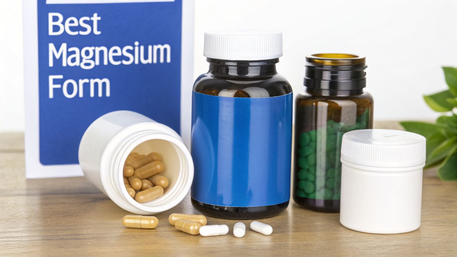 Various bottles of magnesium supplements and loose capsules on a wooden surface.