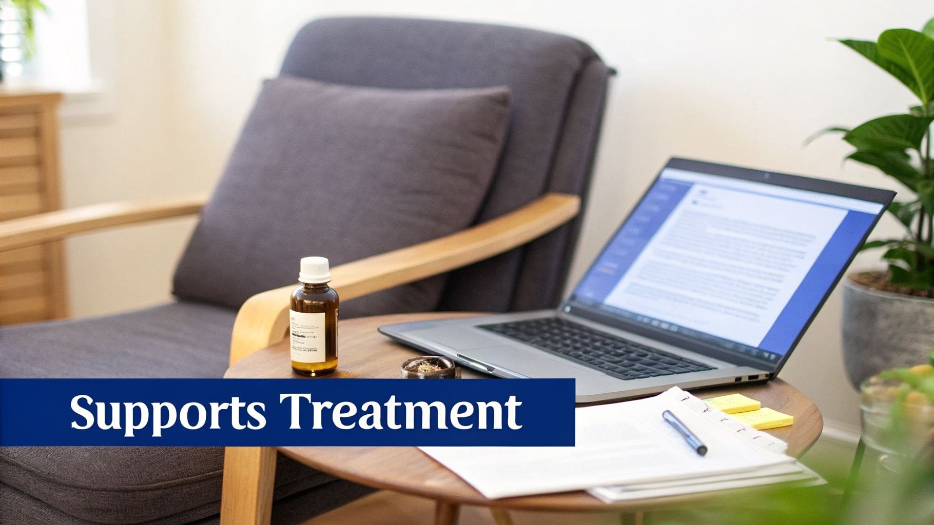 A cozy armchair next to a wooden table with a laptop, a supplement bottle, and papers.