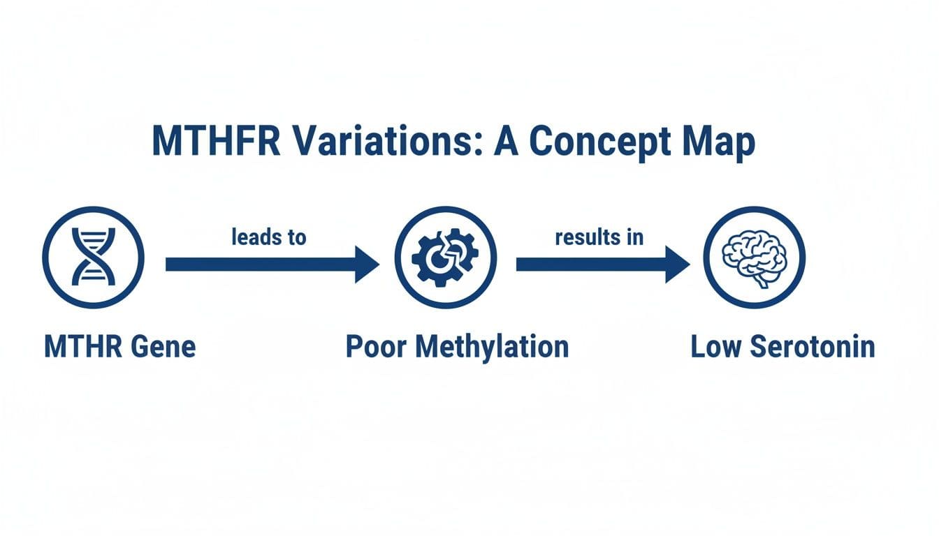 Concept map showing MTHFR gene variations lead to poor methylation and subsequently low serotonin.