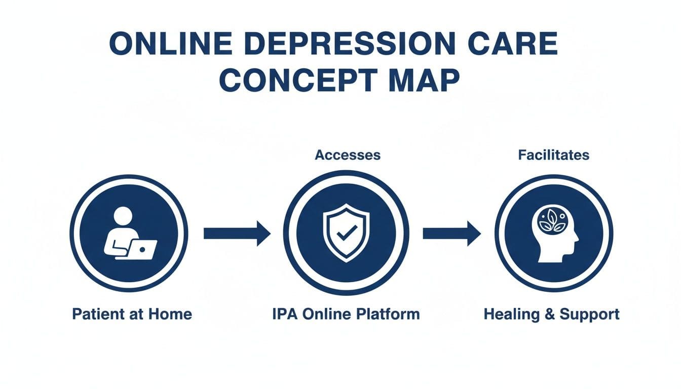 A concept map showing online depression care: a patient at home accesses an IPA online platform for healing and support.