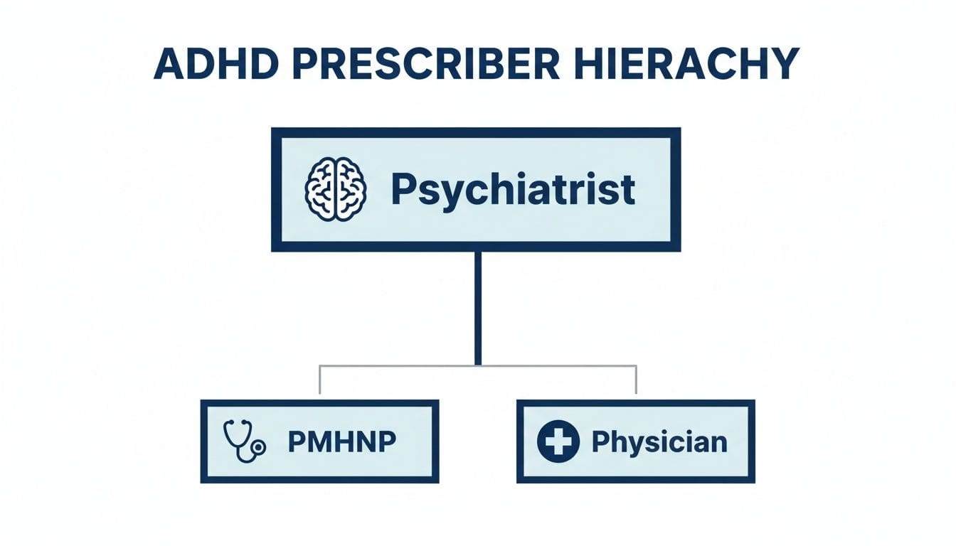 A hierarchical chart shows ADHD prescribers: Psychiatrist at the top, followed by PMHNP and Physician.