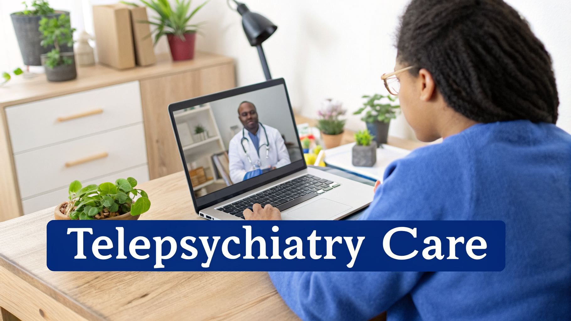A person engages in a telepsychiatry video consultation with a male doctor on a laptop, symbolizing remote care.