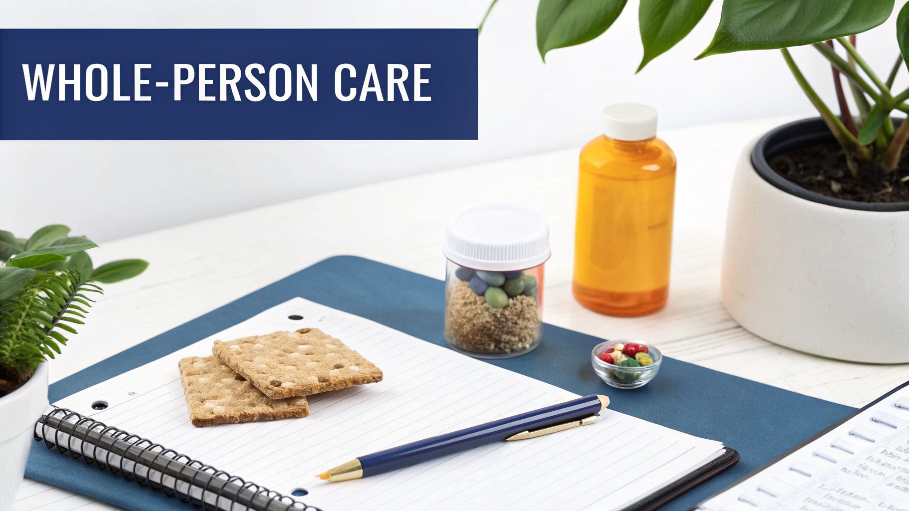 A desk setup with a notebook, pen, crackers, medication bottles, plants, and a 'WHOLE-PERSON CARE' banner.