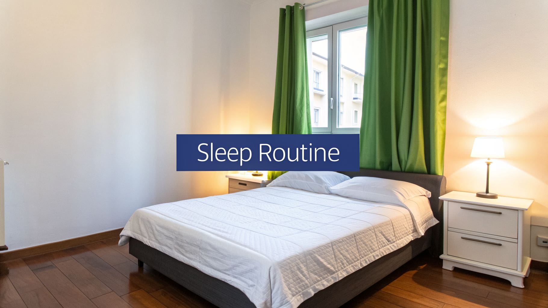 A cozy bedroom with a neatly made bed, nightstands, lamps, and green curtains on the window, featuring a 'Sleep Routine' text overlay.