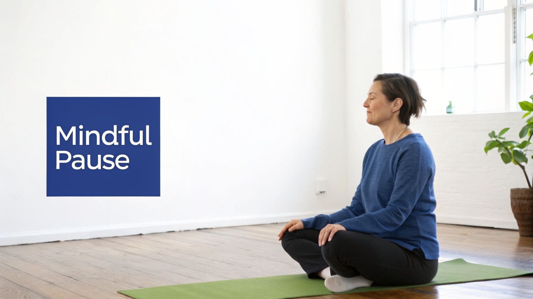 A woman with her eyes closed, sitting cross-legged on a yoga mat, next to a 'Mindful Pause' sign.