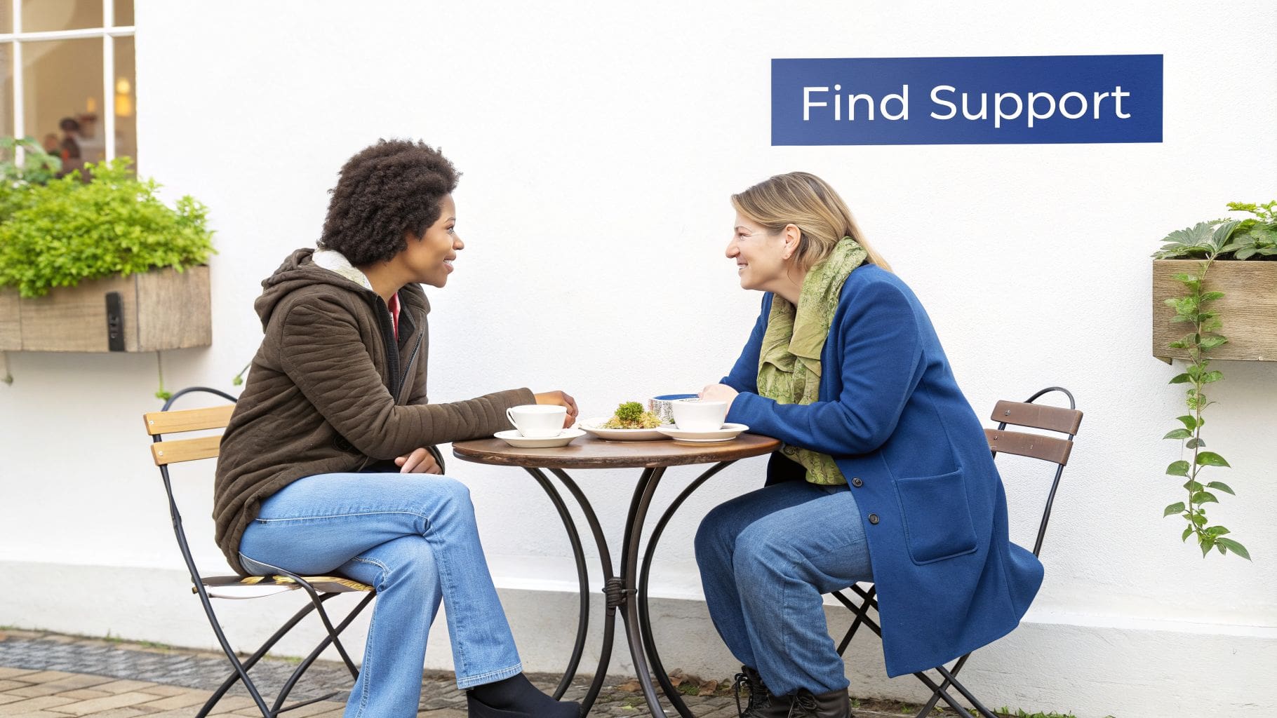 Two diverse women smile and talk over coffee at an outdoor cafe, with a 'Find Support' sign.