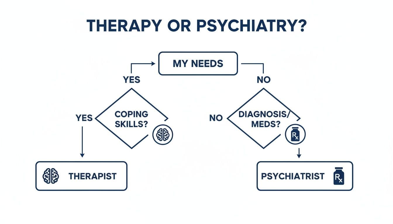 Flowchart guiding the decision between seeing a therapist or a psychiatrist based on personal needs.