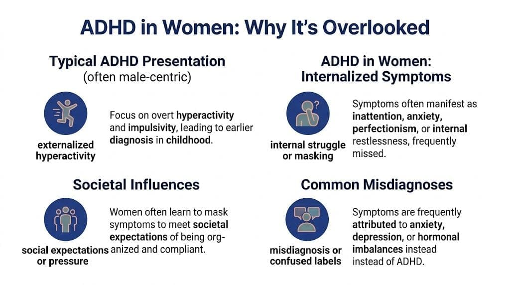 An infographic detailing why ADHD is often overlooked in women compared to typical male-centric presentations.