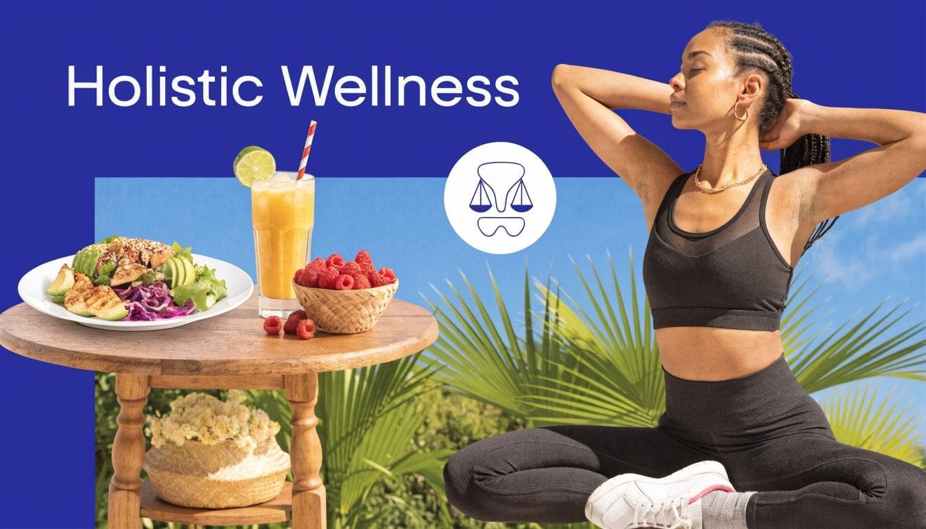 A fit woman sitting in a meditative pose next to a table with fresh salad and fruit juice.