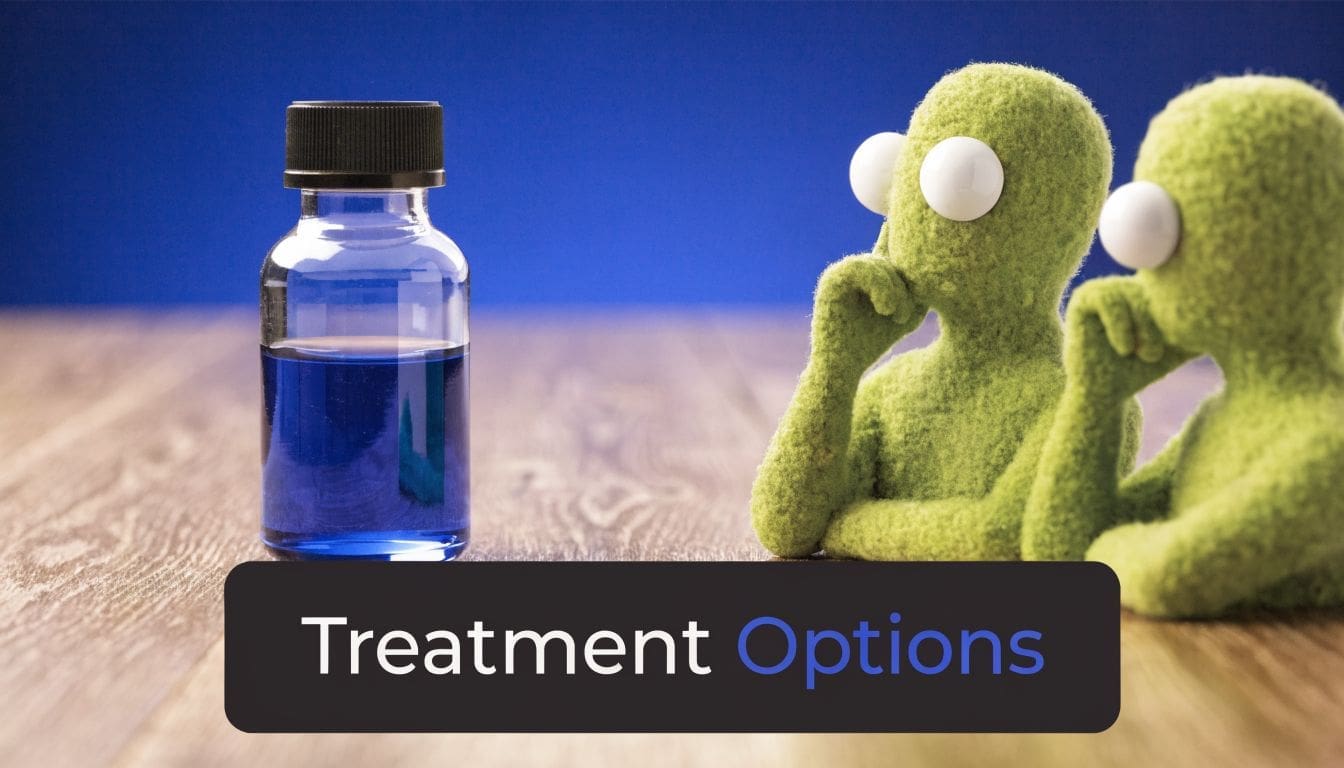 Two green felt puppets thinking and looking at a glass bottle filled with blue liquid medicine.