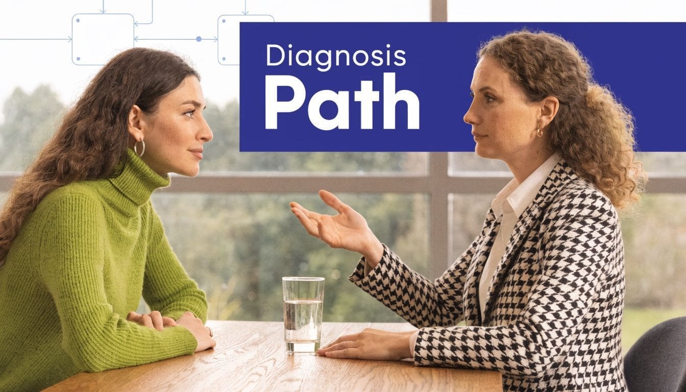 A professional consultation where a female doctor explains a diagnosis path to a female patient.