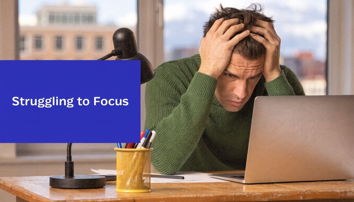 A stressed man sitting at a desk while working on his laptop, struggling to focus on tasks.