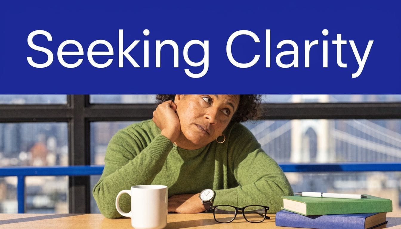A woman in a green sweater looks pensive while sitting at a desk, seeking mental clarity.
