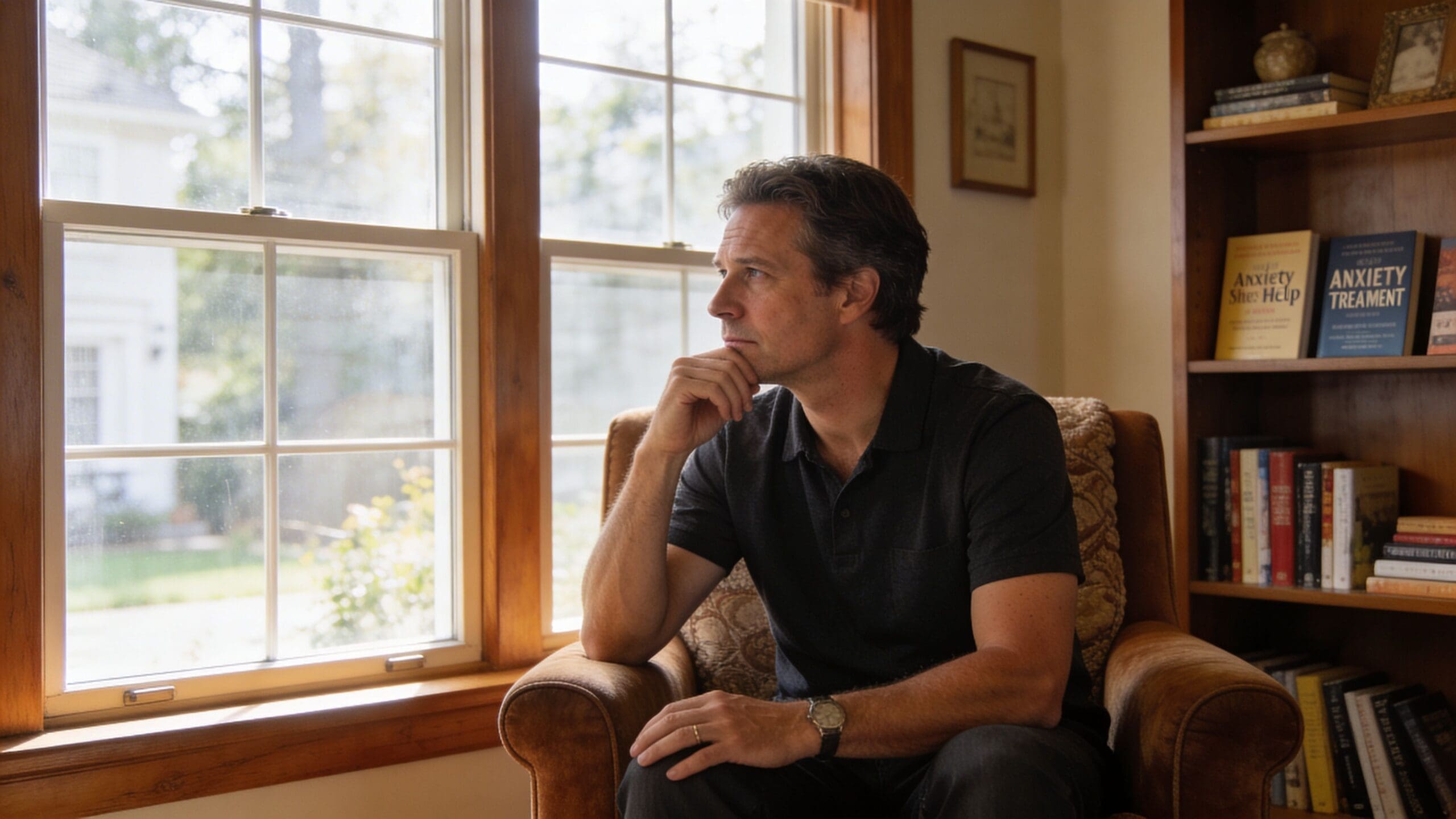 A contemplative man sitting in a comfortable armchair, looking out of a bright window while pondering.