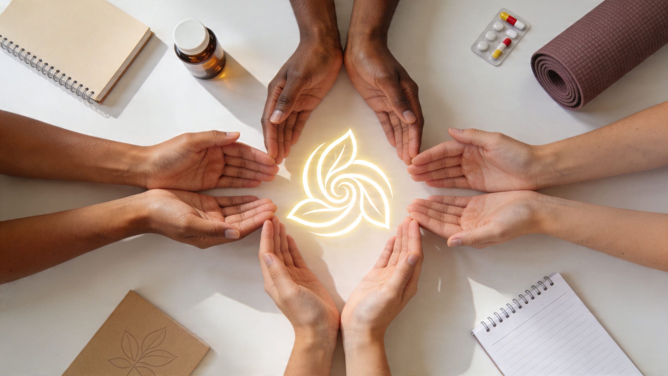 Multiple people holding their hands around a glowing leaf-shaped symbol representing holistic health and wellness.