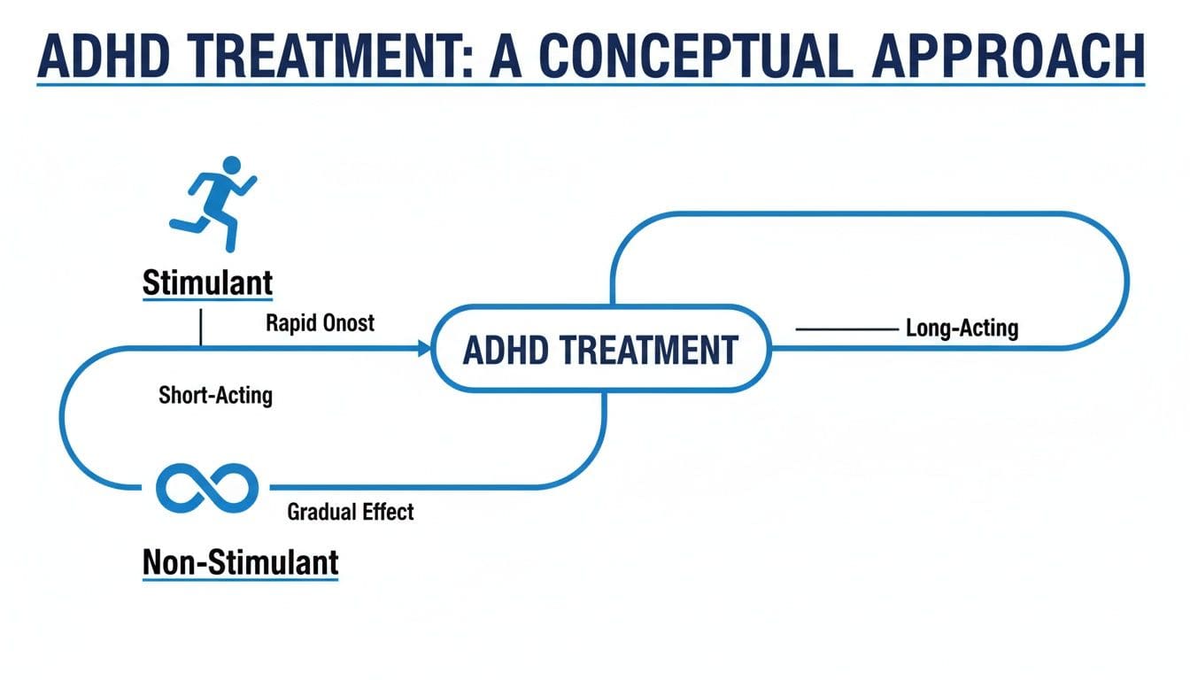 Conceptual diagram outlining ADHD treatment options, including stimulant (rapid, short-acting) and non-stimulant (gradual, long-acting) approaches.