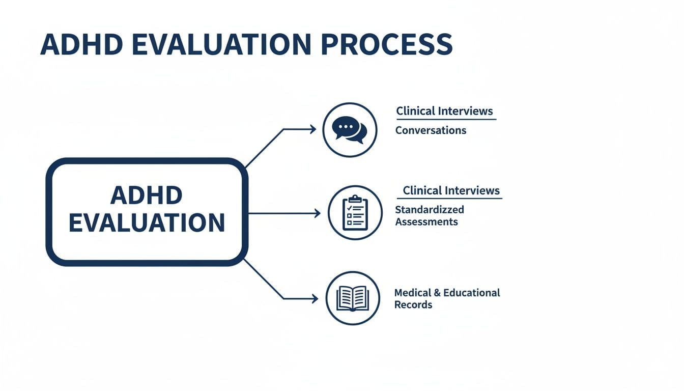 Flowchart illustrating the ADHD evaluation process including clinical interviews, standardized assessments, and records review.