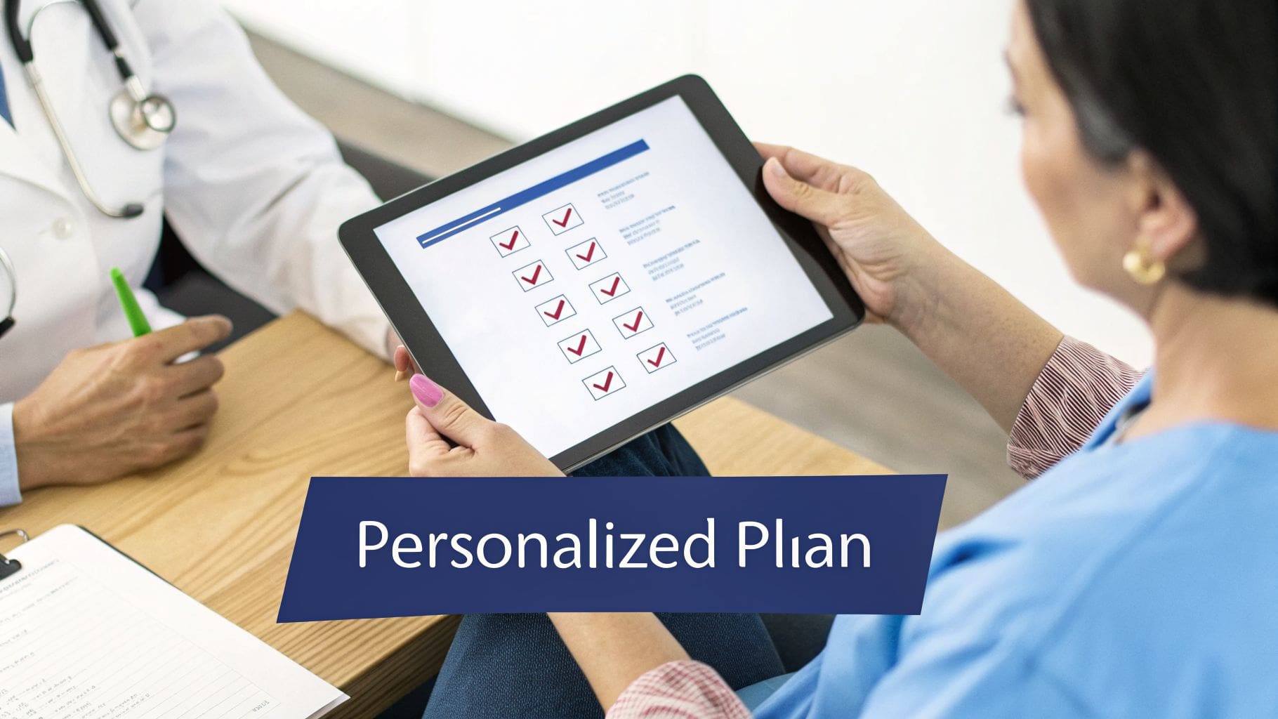 Healthcare provider and patient reviewing a digital personalized plan with checked options.