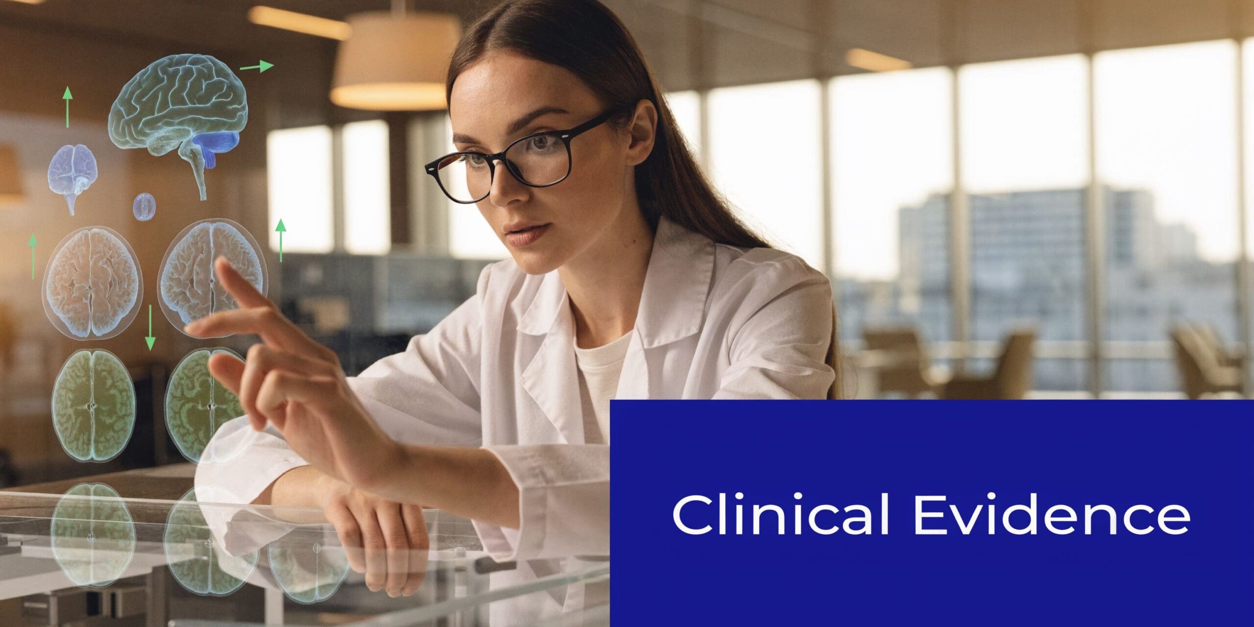 A female doctor in a lab coat examining holographic brain scans in a modern clinical setting.