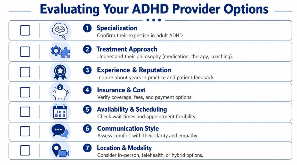A checklist for evaluating ADHD healthcare providers covering specialization, treatment, insurance, and accessibility.