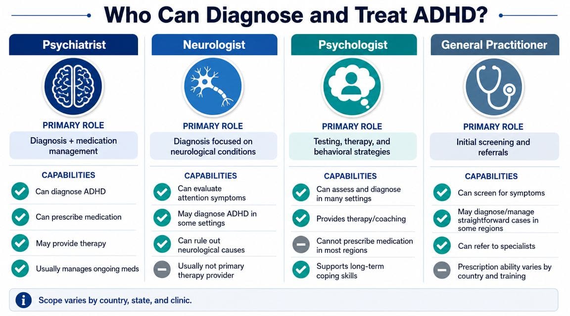 An infographic detailing the professional roles of psychiatrists, neurologists, psychologists, and general practitioners in diagnosing and treating ADHD.