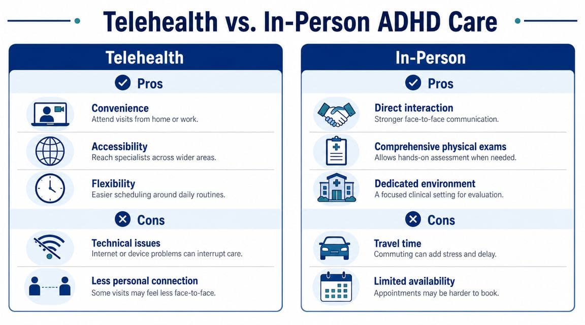 A comparison chart outlining the pros and cons of telehealth versus in-person ADHD medical care.