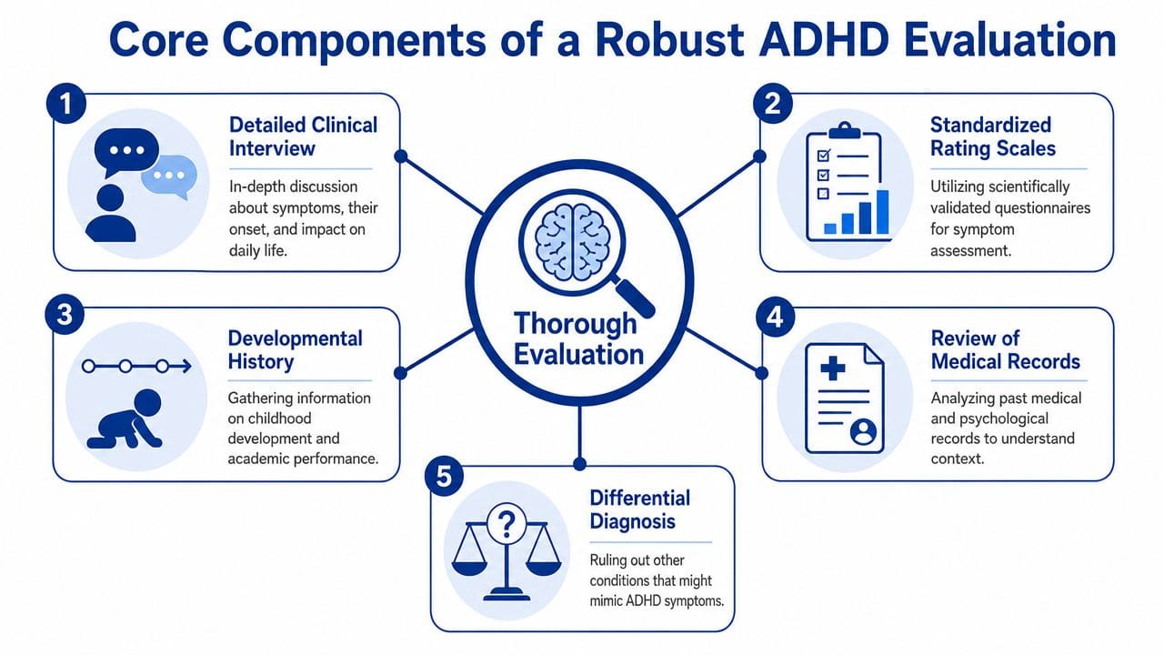 A diagram outlining the five core components of a professional and thorough ADHD clinical evaluation process.