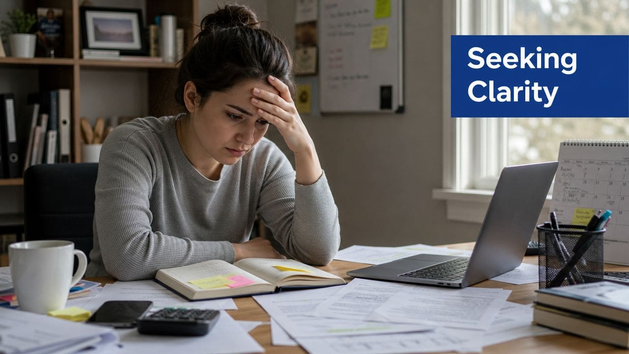 A woman looks stressed and overwhelmed while reviewing documents at her desk with a laptop.