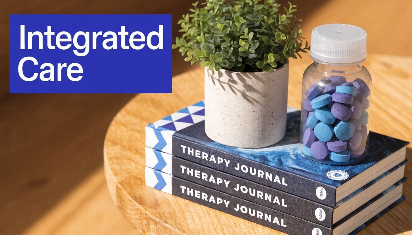 A stack of therapy journals with a small potted plant and a bottle of pills on top.