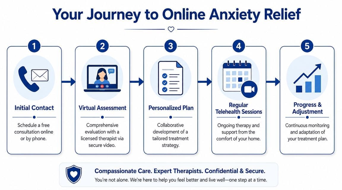 A five-step infographic showing the process of accessing online anxiety treatment from initial contact to progress monitoring.