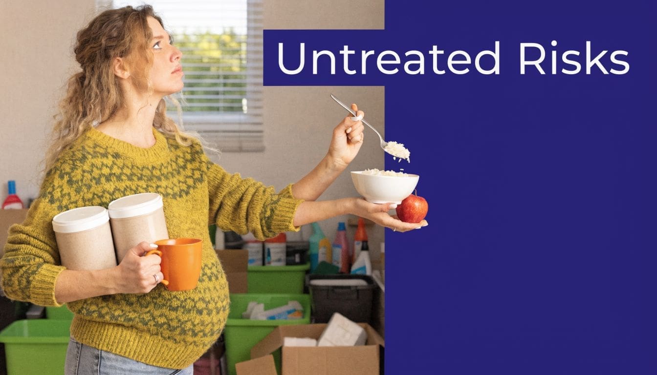 A pregnant woman holding food containers, a spoon of rice, and an apple in a cluttered room.