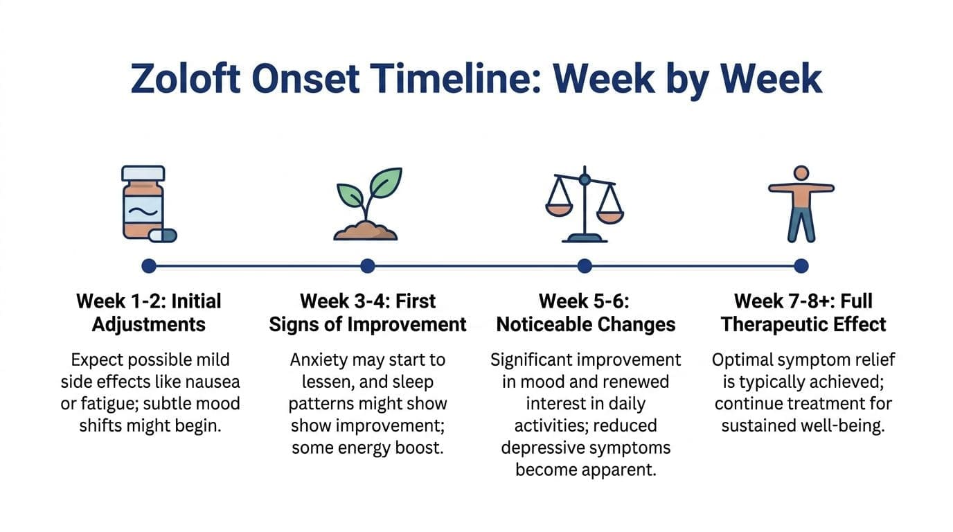 A timeline chart illustrating the progressive stages of Zoloft's effect on patients from weeks 1 to 8+.
