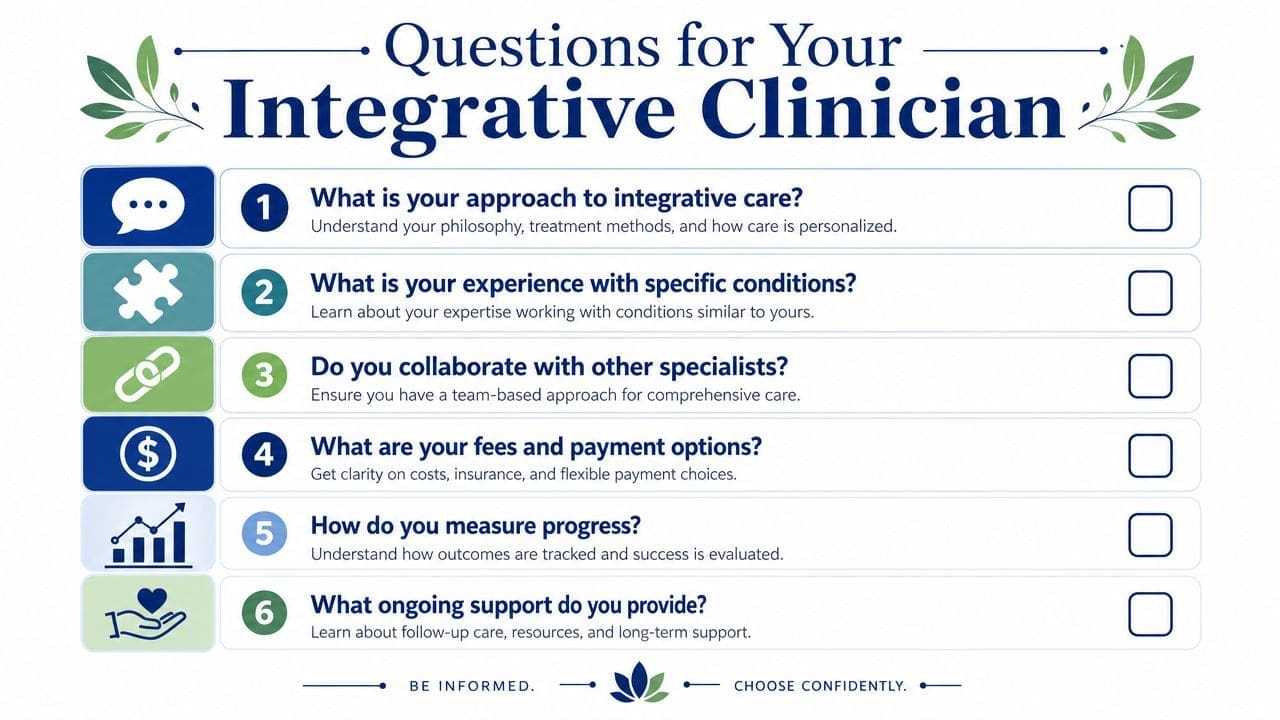 A checklist titled Questions for Your Integrative Clinician featuring six essential questions to ask during consultations.