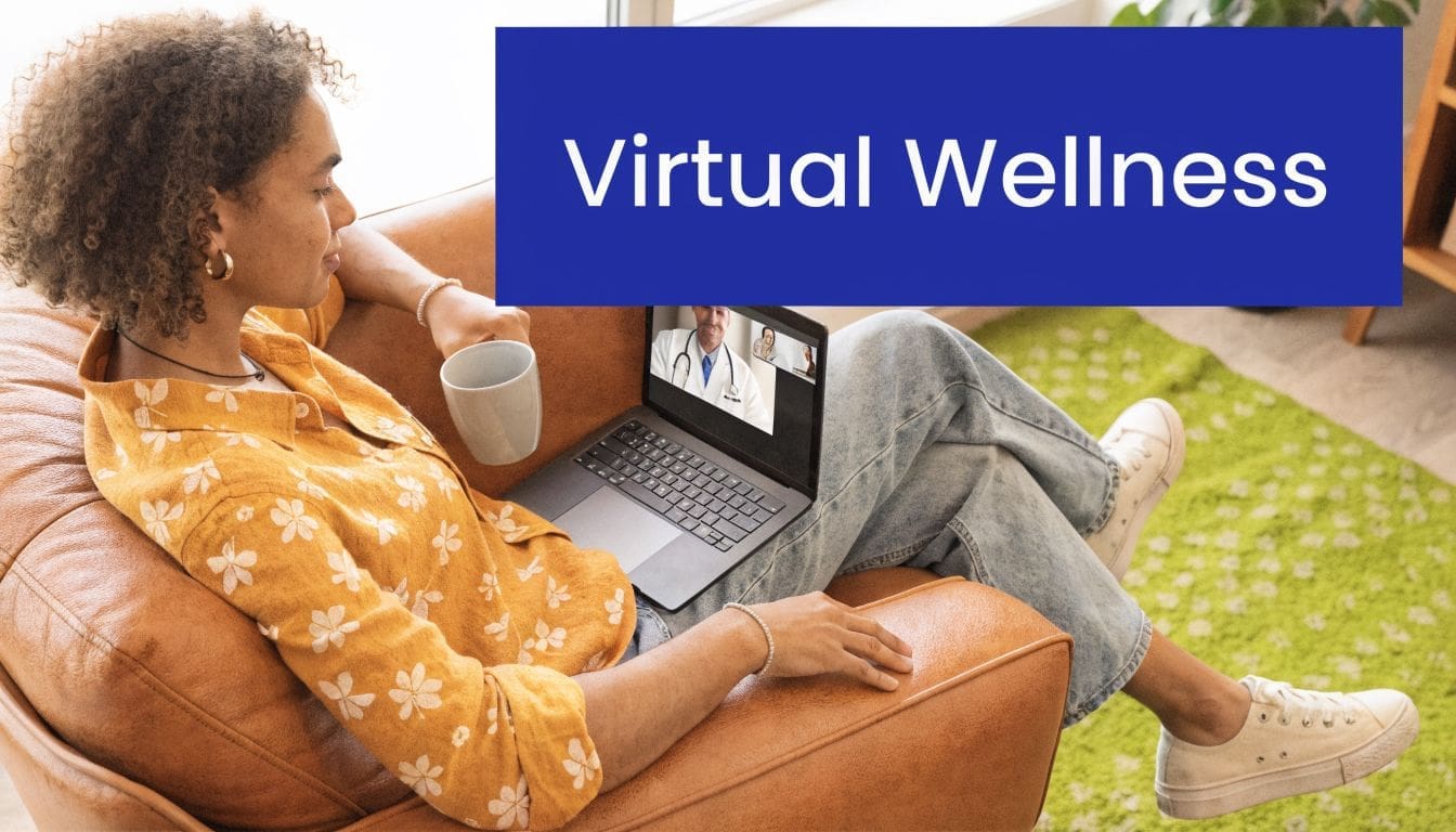 A woman with curly hair relaxes in an armchair while using her laptop for a virtual medical consultation.