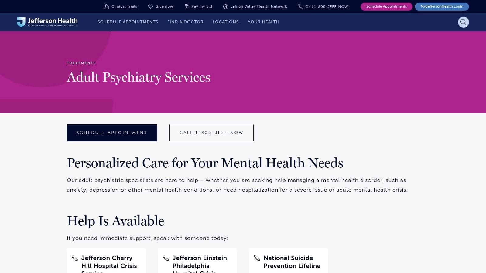 Jefferson Health – Adult Inpatient & Outpatient Psychiatry