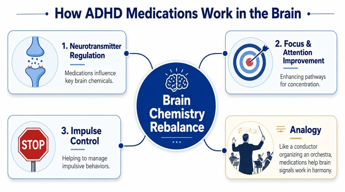 A diagram explaining how ADHD medications help rebalance brain chemistry to improve attention and control impulses.