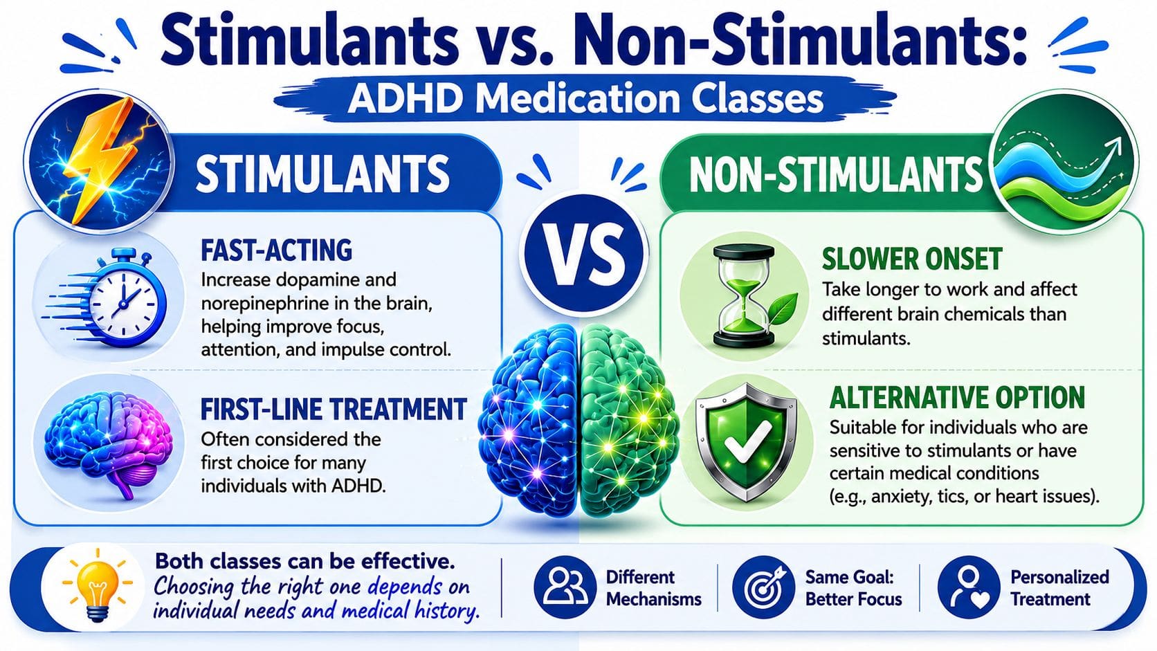 An infographic comparing stimulant and non-stimulant medications for treating ADHD symptoms effectively for patients.