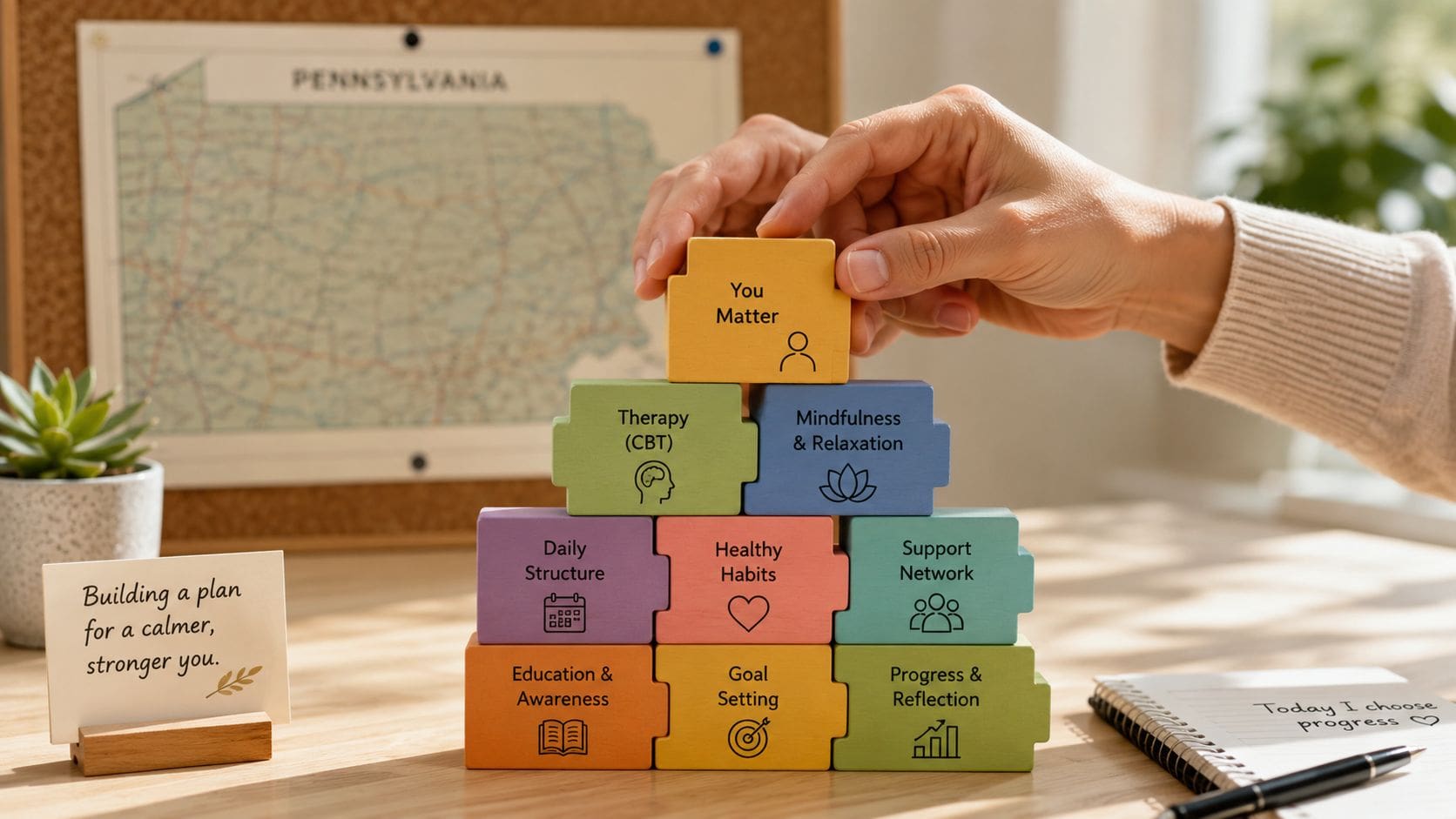 A hand placing a block labeled You Matter on top of a mental health building block pyramid.