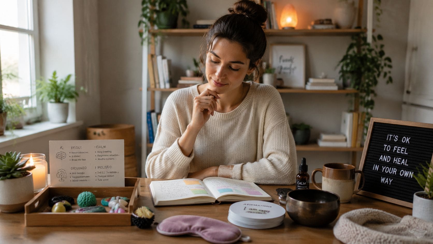A woman calmly journaling at a desk with therapeutic tools for self-soothing and mental wellness practices.