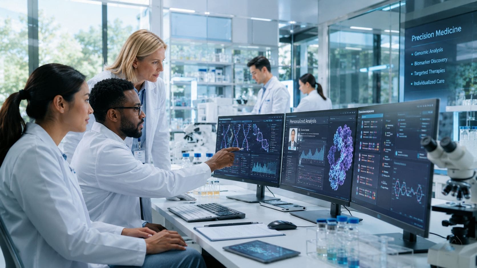 A team of diverse scientists in a laboratory analyzing genomic data on computer monitors for precision medicine.
