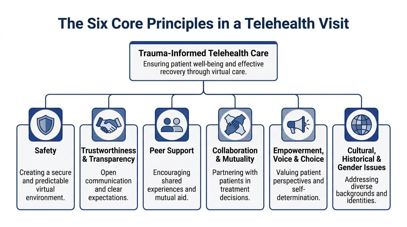 A diagram outlining the six core principles of trauma-informed care in a telehealth visit setting.