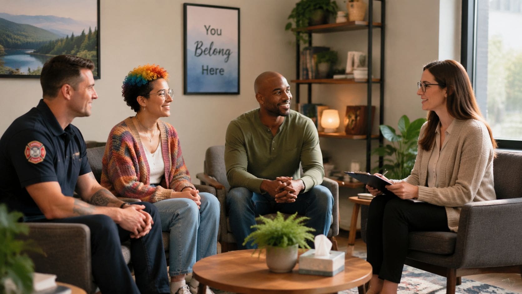 A professional therapist meeting with a diverse group of people for a trauma informed mental health session.