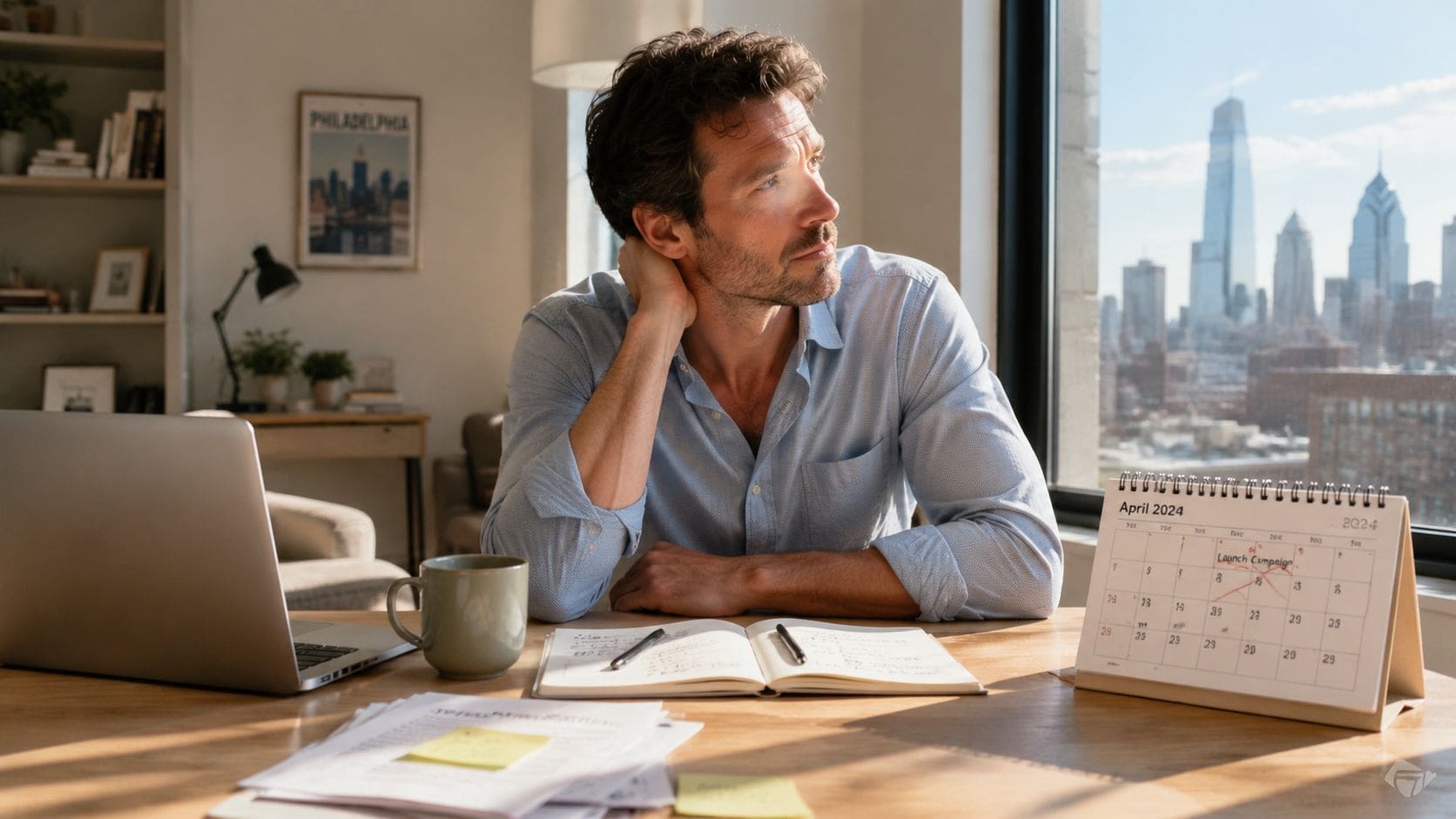 A contemplative man sitting at a workspace looking out the window while working on a project.