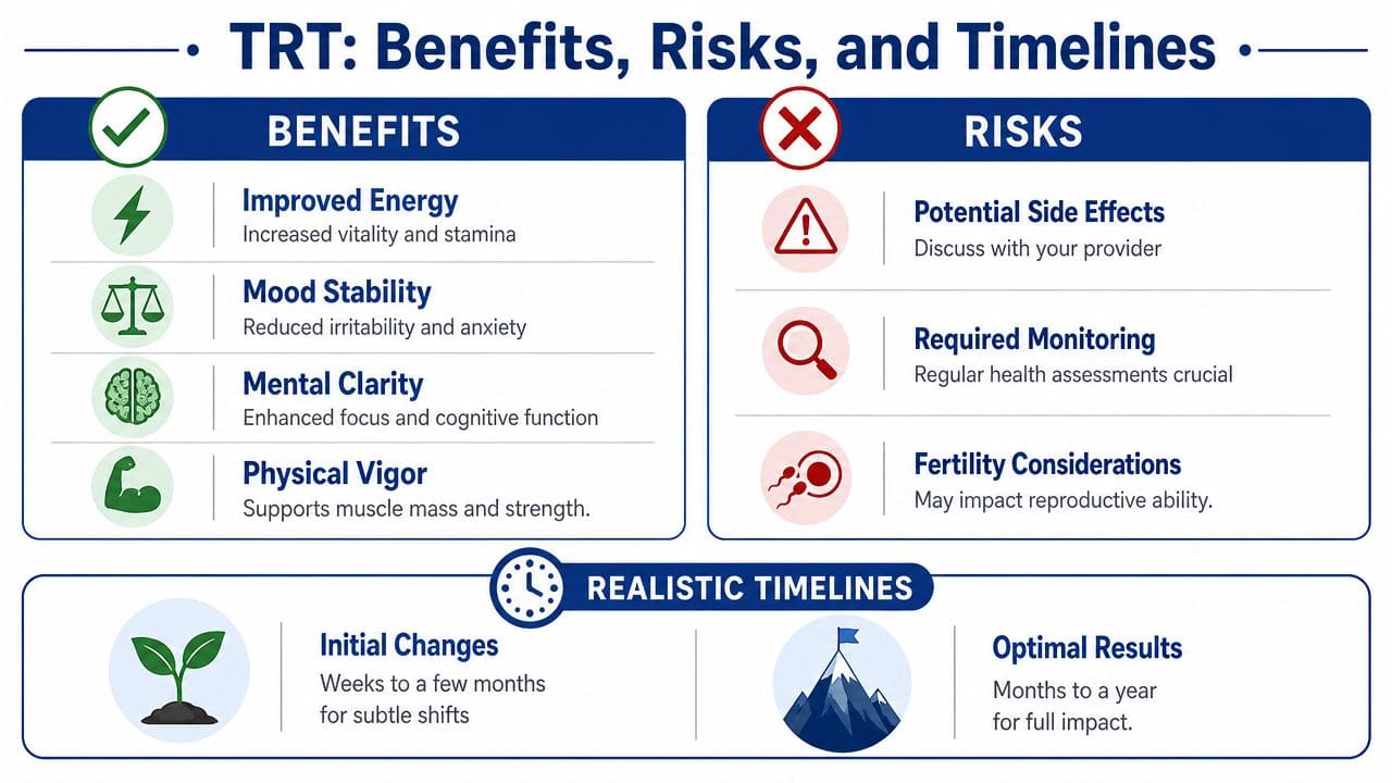An infographic showing the benefits, risks, and realistic timelines associated with testosterone replacement therapy for patients.