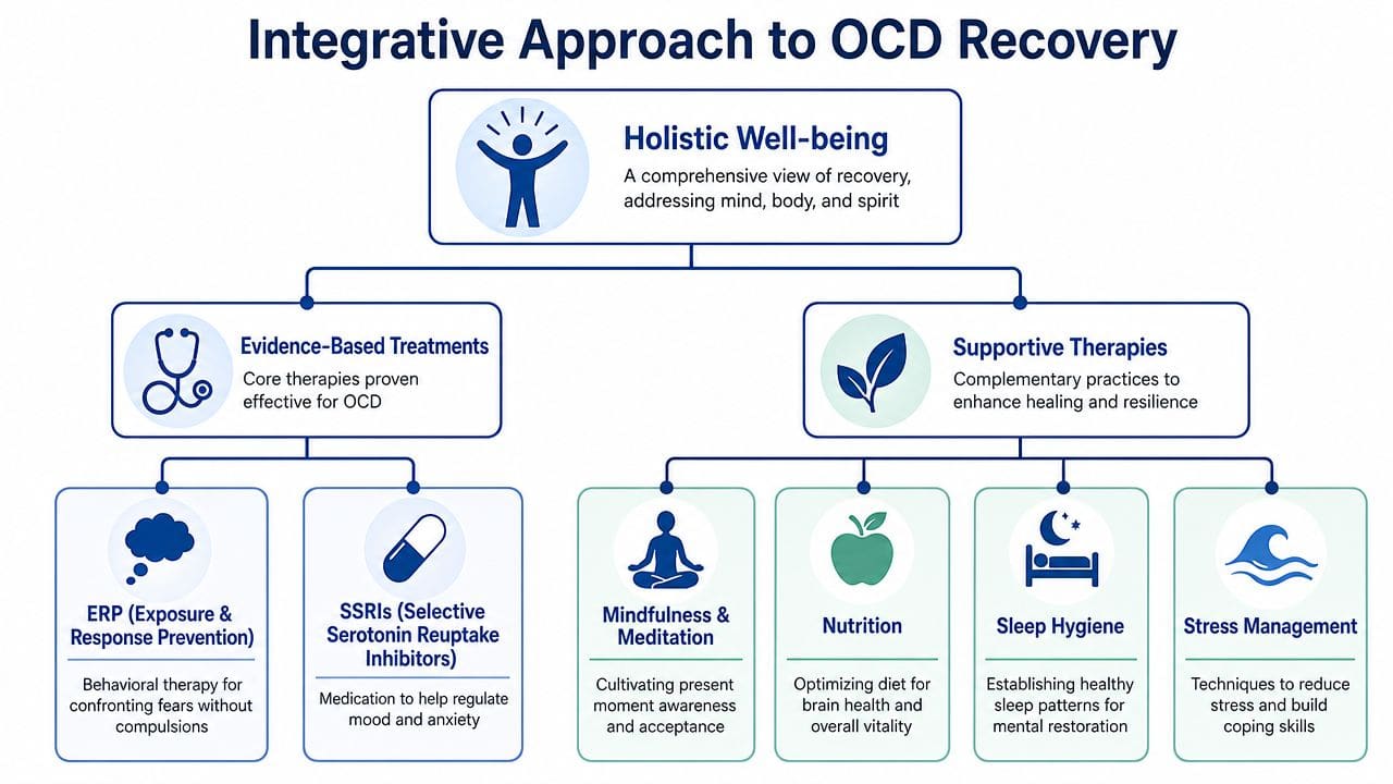 A diagram outlining an integrative approach to OCD recovery, categorizing evidence-based treatments and supportive therapies.